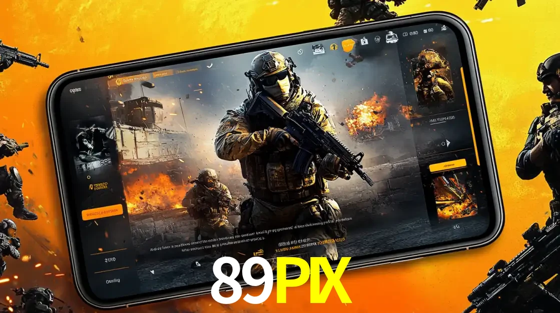 Um smartphone exibindo a interface de um jogo de tiro em primeira pessoa, com um soldado em um cenário de batalha, representando a ação dos e-sports para apostar no 89PIX.