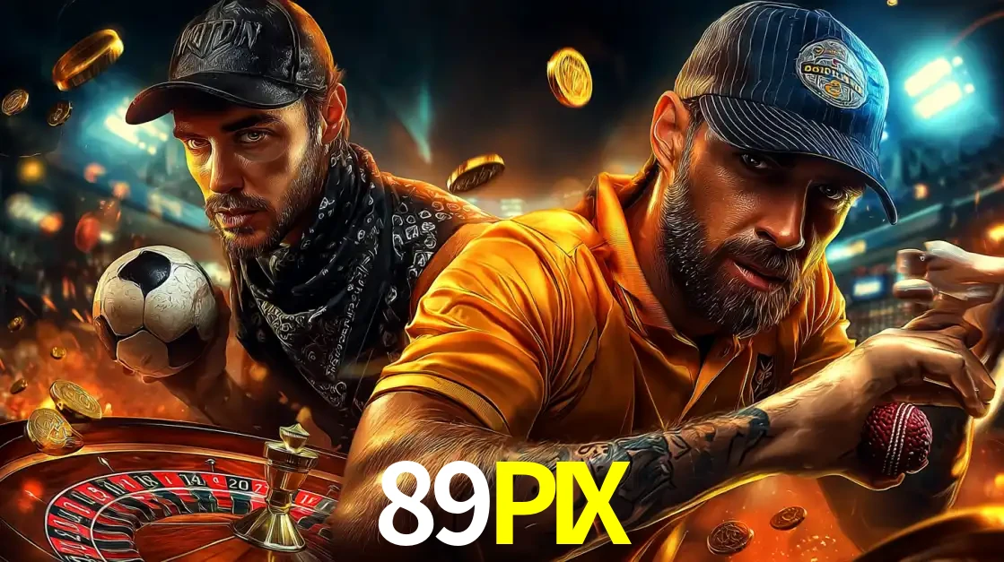 Montagem de apostas esportivas e cassino no 89PIX, com um homem segurando uma bola de futebol e outro uma de beisebol sobre uma roleta e moedas voadoras.