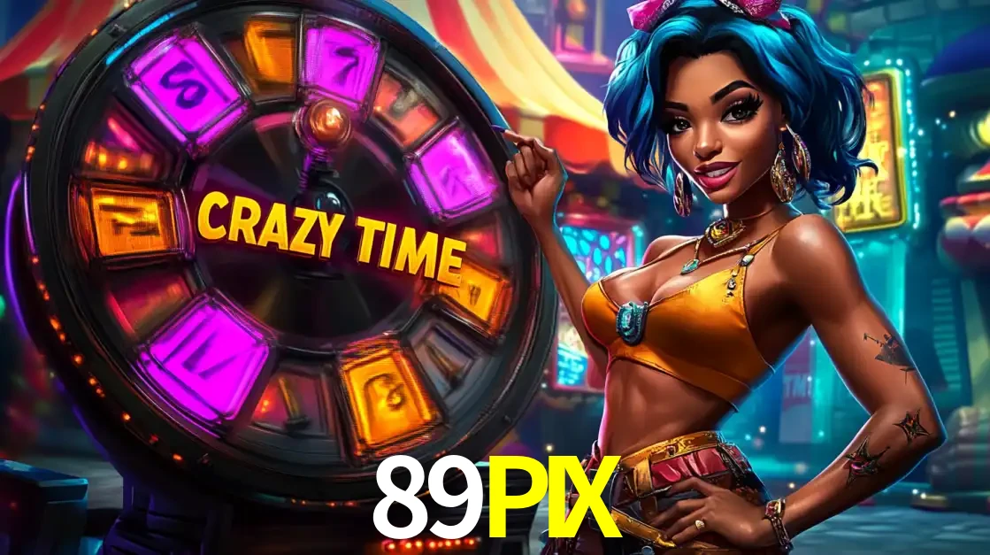 Mulher estilizada com cabelo azul e visual vibrante posando ao lado da roda de prêmios do game show Crazy Time, convidando para a diversão e os bônus do cassino 89PIX.