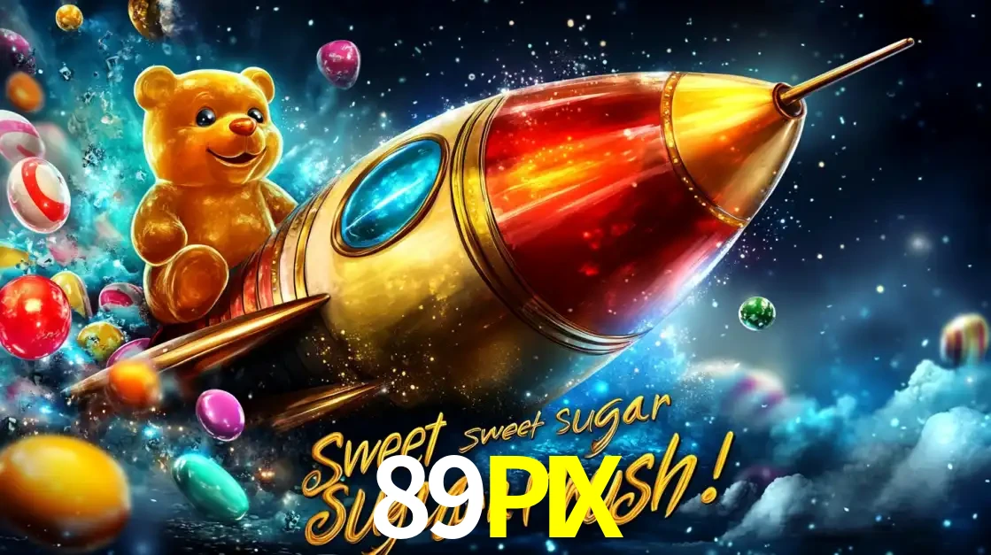 Arte promocional do jogo de slot Sugar Rush, com um urso de pelúcia em um foguete viajando pelo espaço de doces, um dos jogos divertidos disponíveis no cassino 89PIX.