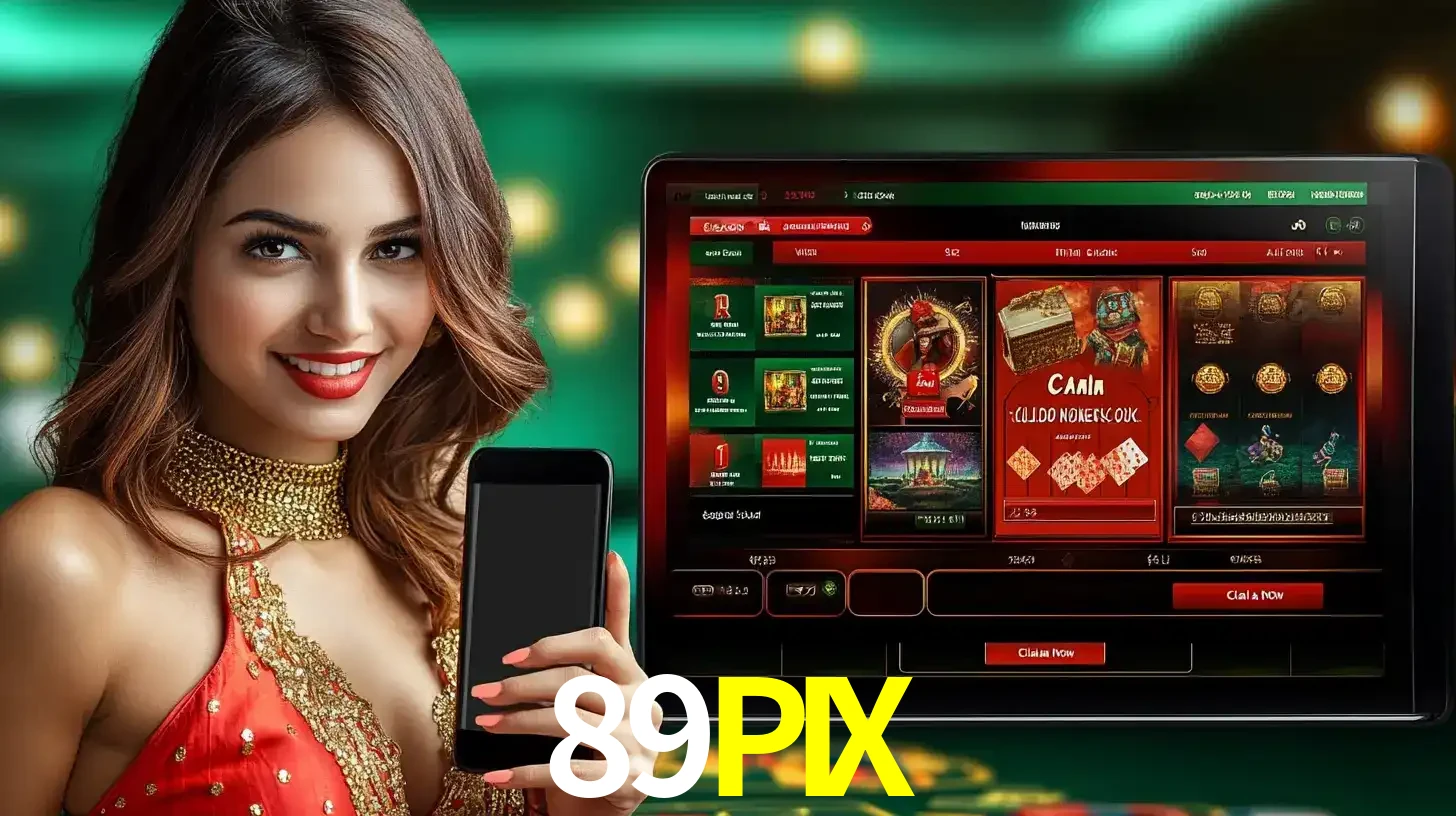 Mulher sorridente segurando um smartphone, ao lado de uma tela exibindo o lobby de jogos do cassino online 89PIX, com várias opções de jogos de cartas e slots.